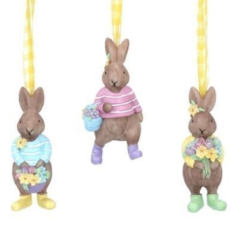 Resin bunny holding flowers hanging decoration in blue pink or yellow. The perfect addition to your home for Easter and Spring. 3 designs. By Gisela Graham.
